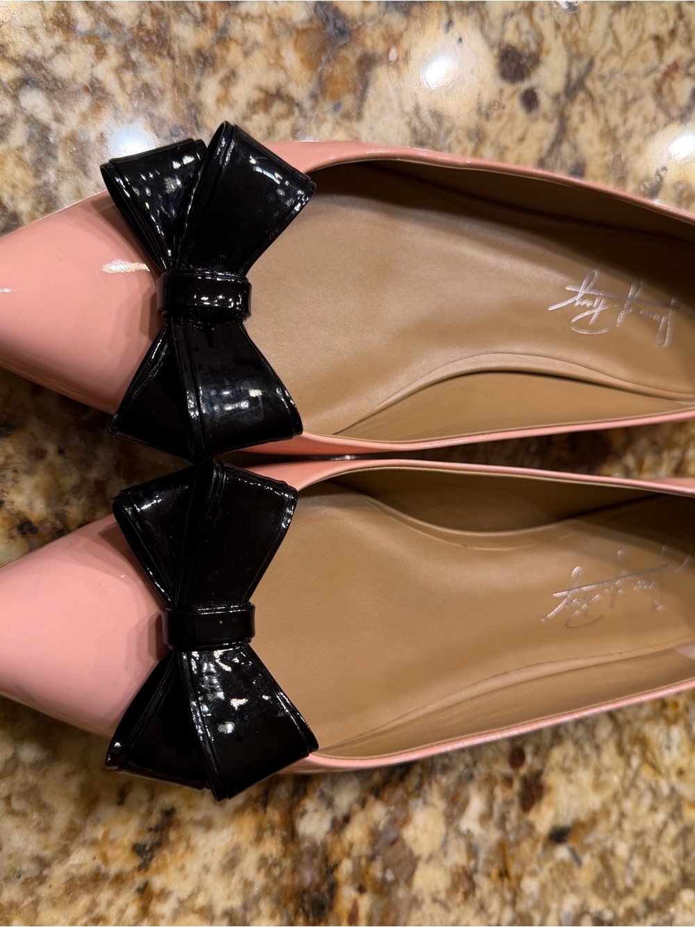 Vince Camuto Pink Patent Pointed Flats with Black Patent Bow